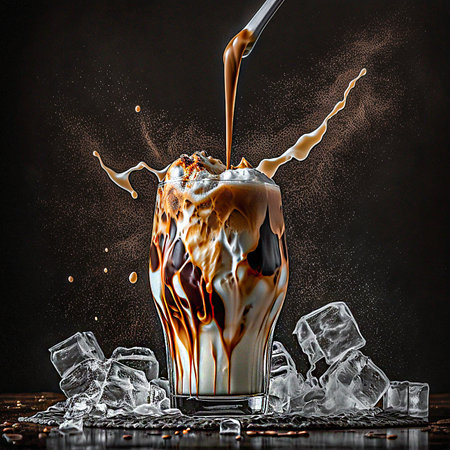 Milk is poured into iced coffee on a dark table. Generative AI. copy spaceの素材