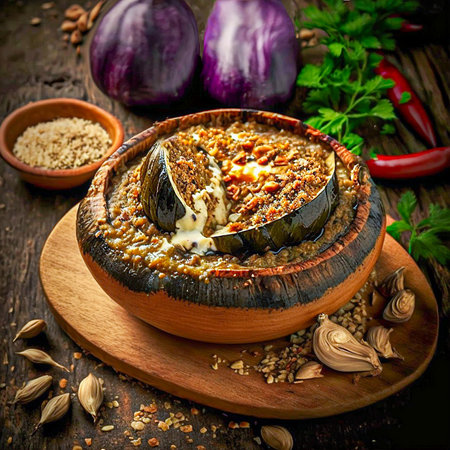 Baba ganoush baked eggplant with sesame paste with ingredients, top view on a dark background. copy spaceの写真素材
