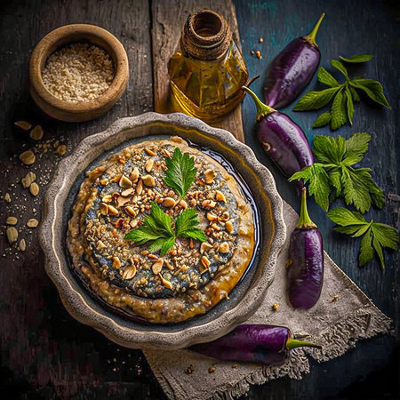 Baba ganoush baked eggplant with sesame paste with ingredients, top view on a dark background. copy spaceの写真素材