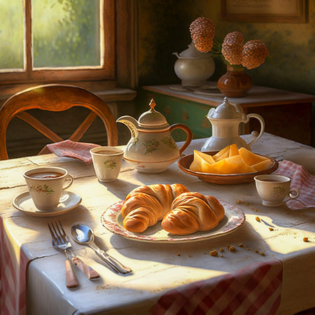 Croissant sandwich with chocolate and tea utensils on the table. In the background is a window. copy...