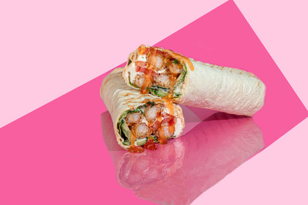 Meat loaf with vegetables. Fresh cabbage, cucumbers, carrots and greens. On a colored background. Shawarma. copy spaceの写真素材