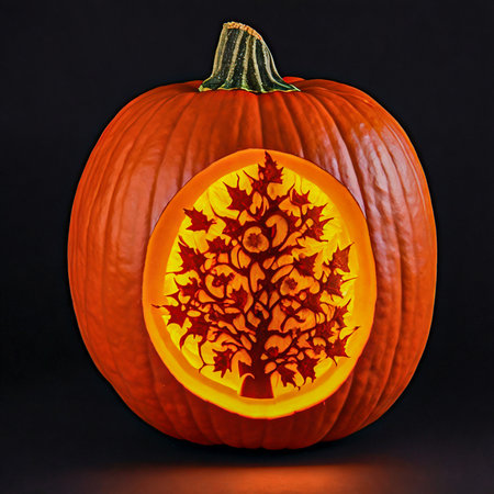 Halloween pumpkins are bright orange with a carved pattern and a glowing center. Generative AI. copy spaceの写真素材