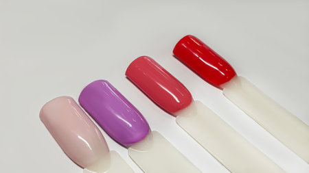 Palette of multi-colored nail polishes. Manicure and gel polish color choice. Copy space.の写真素材