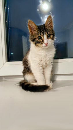 Gray fluffy domestic kitten with yellow-green eyes. Pets. Copy spaceの写真素材