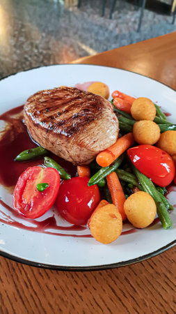 Beef steak with salad. Potato balls and various vegetables on a colored plate. Meat restaurantの写真素材