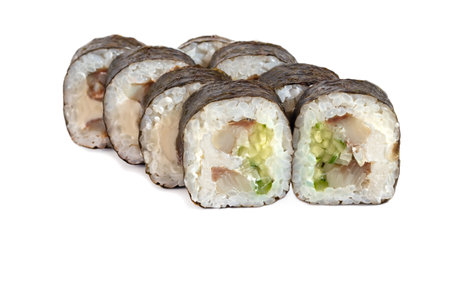Sushi and rolls with caviar, shrimp and tuna, avocado on a white background. Isolates.の写真素材