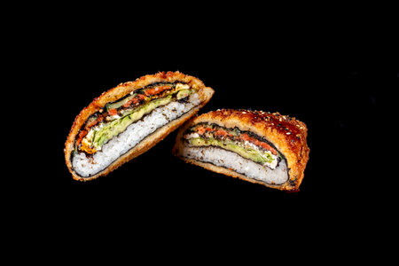 delicious fresh sushi burgers on a dark background for food delivery website. Copy spaceの写真素材