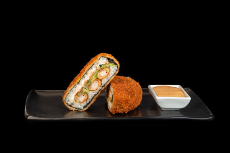 delicious fresh sushi burgers on a dark background for food delivery website. Copy spaceの写真素材