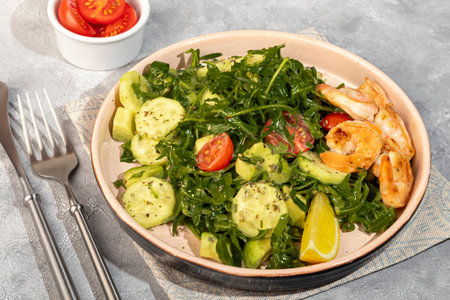 Salad with cucumbers and arugula, shrimp and cherry tomatoes in a light sauce. Copy space