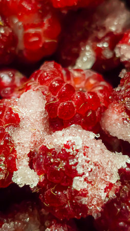 Raspberry berries. Autumn harvest. Making jam and sauce. Macro photography. Copy spaceの写真素材