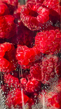 Raspberry berries. Autumn harvest. Making jam and sauce. Macro photography. Copy spaceの写真素材