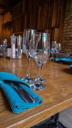 Interior in a city restaurant. Preparation for a buffet. Dishes and food