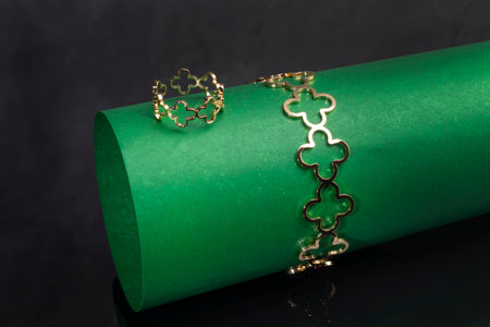 Bracelets. Women's jewelry on a dark background. Metal products. Fashion. Copy spaceの写真素材