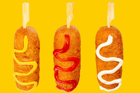 Corn dogs with different fillings and different sauces. isolated on background.