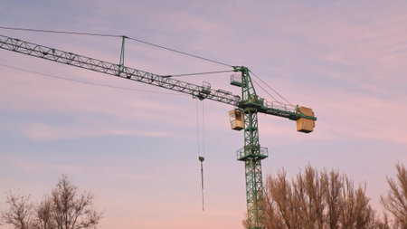 Construction crane with a long boom against the background of a light sky. Building construction....