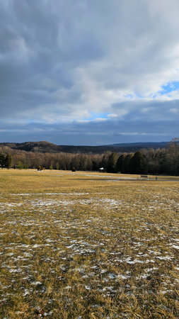 Winter trees in snow, mountains and blue sky. Spruce and pine trees. Landscape Cold weather.