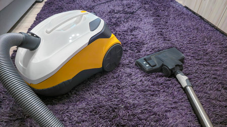 Vacuum cleaner on a lilac carpet after cleaning the room. Long hose, wet cleaning. Dust collector.の写真素材