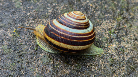 A small snail with a shell crawling on the asphalt. Rainy weather. Summer cottageの写真素材