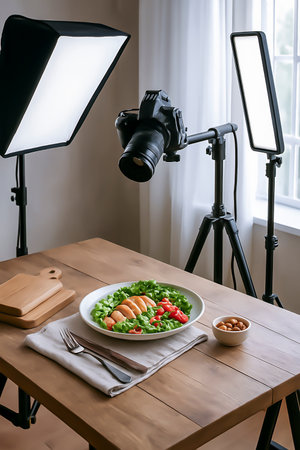 Plate with food against the background of the restaurant interior. Menu shooting. Soup and meat dish.の素材