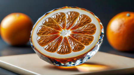 A transparent orange cut in half, made of crystal with a faceted surface like a diamond. Cut with a knifeの素材