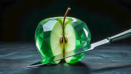 A transparent apple cut in half, like a crystal with a faceted surface, Cut with a knifeの素材