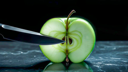 A transparent apple cut in half, like a crystal with a faceted surface, Cut with a knifeの素材