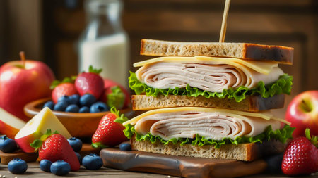 Freshly made sandwich with lettuce, cheese and bread surrounded by fruits and snacks in transparent containers on wooden cutting board in bright kitchen settingの素材