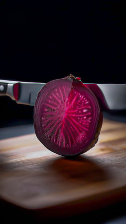 Transparent beetroot, cut in half, like a crystal with a faceted surface, Cut with a knifeの素材