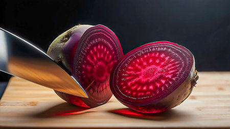 Transparent beetroot, cut in half, like a crystal with a faceted surface, Cut with a knifeの素材
