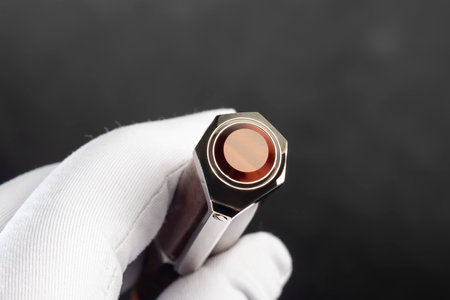 Branded pen with cufflinks and business card holder in a box. Gift set. Selective focus. Office interior.の写真素材