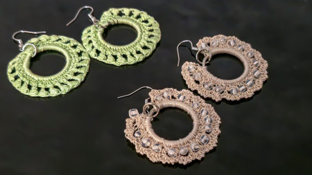 Round green earrings made of thin cotton threads, hand-knitted. Handmade. Jewelry for women. Costume...