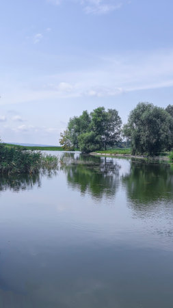 Picturesque summer river landscape with green trees, reflections and blue sky - a place for...