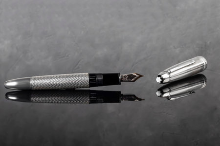 Fountain pen on dark marble background. Rare writing instruments. Selective focus.