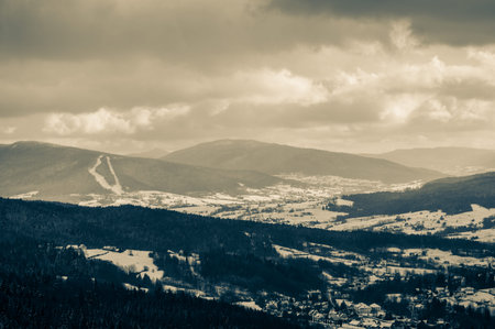 Great view of the village in the snow between forest and the mountains on a cloudy day.