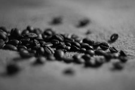 Coffee beans on a light gray out of focus background in black and whiteの写真素材