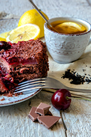 Chocolate cake and Cup of teaの写真素材