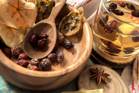 Tea made from rose hips and dried fruitsの写真素材