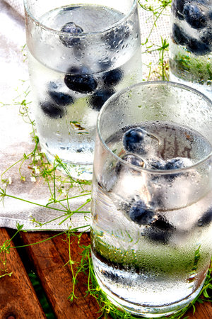 Blueberries in glass with ice on the table in the nature