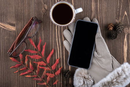 Cup of coffee, a phone, spectacles, gloves, red autumn leavesの写真素材