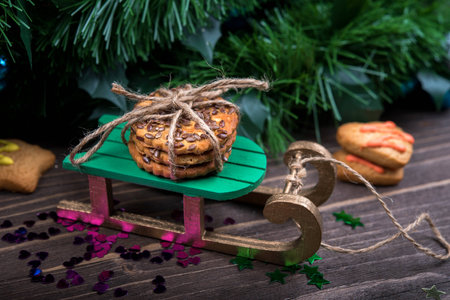 Cookies, Christmas sled, sequinsの写真素材