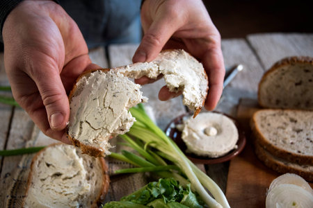 Hands, bread with cheese, onion, rustic styleの写真素材