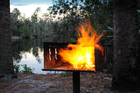 Outdoor grilling by Lakeside    Long Exposure of an Outdoor Grillの写真素材