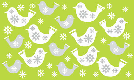 Spring white and gray birds on a light green background around daisy flowersのイラスト素材