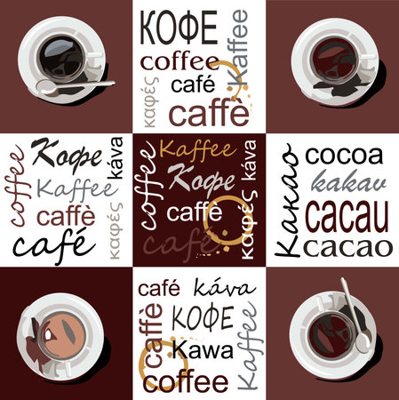 Cups of coffee and cocoa are on saucers. The cups are located on a brown background at the corners of the picture. In the center on brown and around the edges on the background the words coffeeのイラスト素材