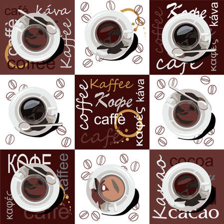 Cups of coffee and cocoa are on saucers. The cups are arranged on a brown background with the words coffee and cocoa and a white background. In the center, on a brown background, the words coffee and cocoa are written in different languages. On a white background stylized drawing of coffee beansのイラスト素材