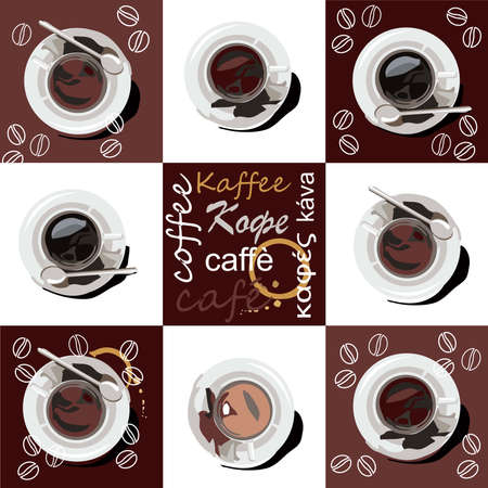 Cups of coffee and cocoa are on saucers. The cups are arranged on a brown background with the words coffee and cocoa and a white background. In the center, on a brown background, the words coffee and cocoa are written in different languagesのイラスト素材