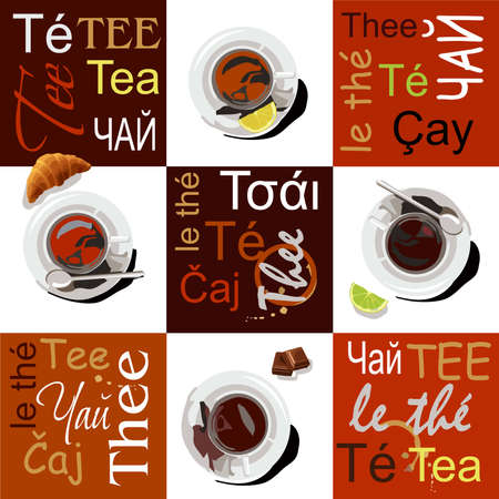 Cups of different types of tea are on saucers. The cups are set on a white background, next to it are slices of lemon, lime, croissant, a piece of chocolate and a cupcake. On a brown background the words tea are written in different languagesのイラスト素材