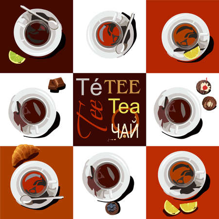 8 cups of tea of different sorts are on saucers. The cups are set against a white and brown background, next to it are slices of lemon, lime, croissant, a piece of chocolate and a cupcake. On a brown background in the center of the word tea are written in different languagesのイラスト素材