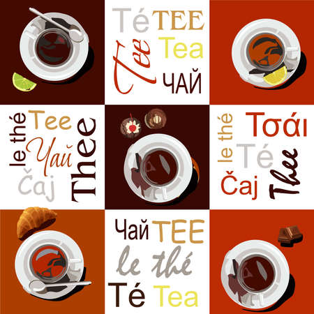 Cups of different types of tea are on saucers. The cups are set against a brown background, next to it are slices of lemon, lime, croissant, a piece of chocolate and a cupcake. On a white background, the words tea of different grades and written in different languagesのイラスト素材
