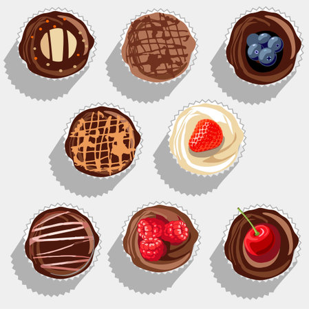 Muffins, cupcakes and fabulous cakes of different types against a gray background and shadows from themのイラスト素材